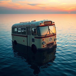 A traditional old bus floating serenely on calm waters, featuring a distinct number 375 painted prominently on its side