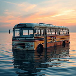 A traditional old bus floating serenely on calm waters, featuring a distinct number 375 painted prominently on its side