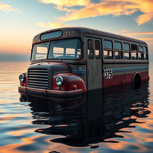 A traditional old bus floating serenely on calm waters, featuring a distinct number 375 painted prominently on its side