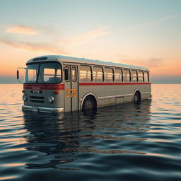 A traditional old bus floating serenely on calm waters, featuring a distinct number 375 painted prominently on its side