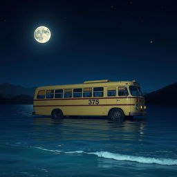 A traditional old bus floating gently on the calm sea at night, illuminated by a soft moonlight