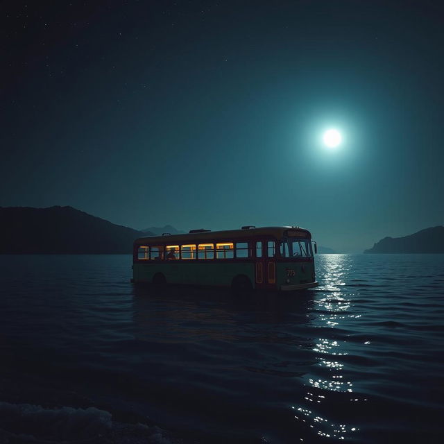 A traditional old bus floating gently on the calm sea at night, illuminated by a soft moonlight