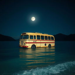 A traditional old bus floating gently on the calm sea at night, illuminated by a soft moonlight