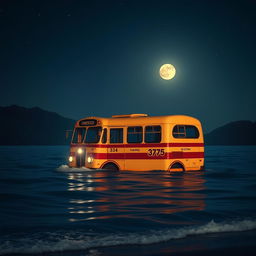 A traditional old bus floating gently on the calm sea at night, illuminated by a soft moonlight
