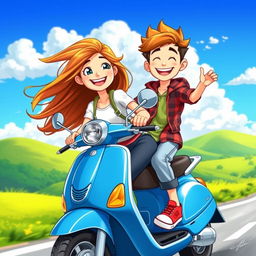 A vibrant hd cartoon image depicting a teenage girl happily riding a blue scooty, with her hair flowing in the wind