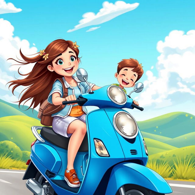 A vibrant hd cartoon image depicting a teenage girl happily riding a blue scooty, with her hair flowing in the wind