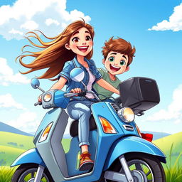 A vibrant hd cartoon image depicting a teenage girl happily riding a blue scooty, with her hair flowing in the wind