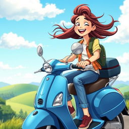 A vibrant hd cartoon image depicting a teenage girl happily riding a blue scooty, with her hair flowing in the wind