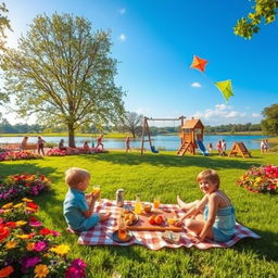 A picturesque scene in a colorful park during a beautiful sunny day, filled with vibrant flowers and lush green grass
