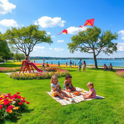 A picturesque scene in a colorful park during a beautiful sunny day, filled with vibrant flowers and lush green grass