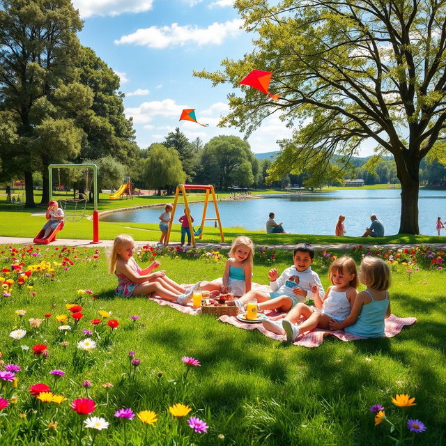 A picturesque scene in a colorful park during a beautiful sunny day, filled with vibrant flowers and lush green grass