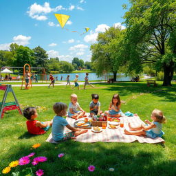 A picturesque scene in a colorful park during a beautiful sunny day, filled with vibrant flowers and lush green grass