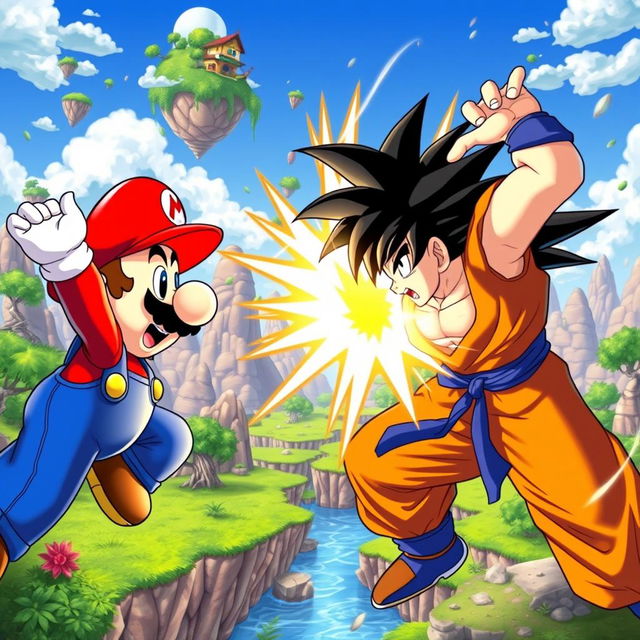 An epic showdown between two iconic characters: Mario, the famous Nintendo plumber in his red cap and blue overalls, versus Goku, the powerful Saiyan warrior known for his spiky black hair and orange gi