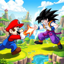 An epic showdown between two iconic characters: Mario, the famous Nintendo plumber in his red cap and blue overalls, versus Goku, the powerful Saiyan warrior known for his spiky black hair and orange gi