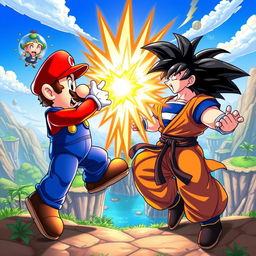 An epic showdown between two iconic characters: Mario, the famous Nintendo plumber in his red cap and blue overalls, versus Goku, the powerful Saiyan warrior known for his spiky black hair and orange gi