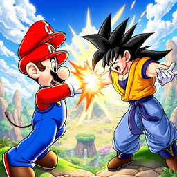 An epic showdown between two iconic characters: Mario, the famous Nintendo plumber in his red cap and blue overalls, versus Goku, the powerful Saiyan warrior known for his spiky black hair and orange gi