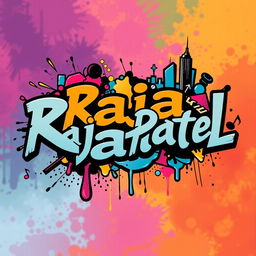 The name 'Raja Patel' stylized in a cool, modern font, surrounded by dynamic elements like graffiti art, urban street vibes, and bold colors