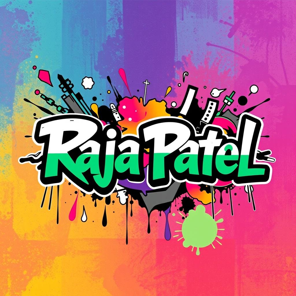 The name 'Raja Patel' stylized in a cool, modern font, surrounded by dynamic elements like graffiti art, urban street vibes, and bold colors