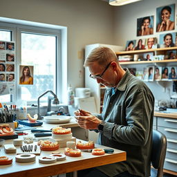 A skilled artisan creating intricate handcrafted dental prosthetics in a bright, well-organized workshop filled with specialized tools and materials