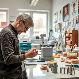 A skilled artisan creating intricate handcrafted dental prosthetics in a bright, well-organized workshop filled with specialized tools and materials