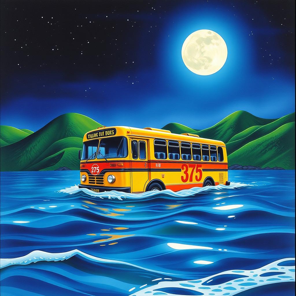 A traditional old bus floating in the sea, surrounded by lush green hills under a starry sky