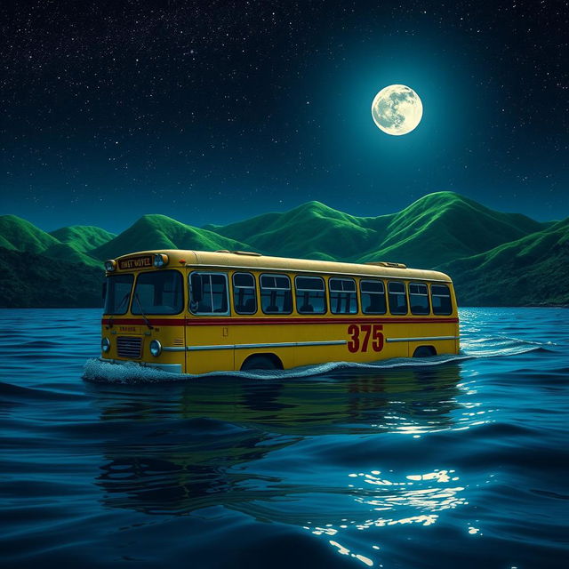 A traditional old bus floating in the sea, surrounded by lush green hills under a starry sky