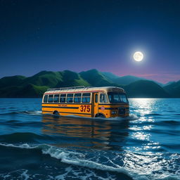 A traditional old bus floating in the sea, surrounded by lush green hills under a starry sky
