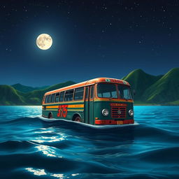 A traditional old bus floating in the sea, surrounded by lush green hills under a starry sky