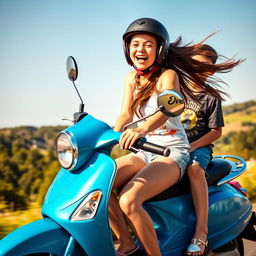 A dynamic scene of a teenage girl joyfully riding a bright blue scooty, with a boy sitting on the back