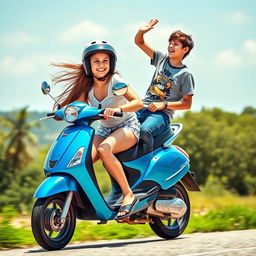 A dynamic scene of a teenage girl joyfully riding a bright blue scooty, with a boy sitting on the back