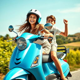 A dynamic scene of a teenage girl joyfully riding a bright blue scooty, with a boy sitting on the back