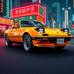 A semi-sporty car designed with a striking 1980s aesthetic, characterized by bold angular lines and geometric shapes typical of that era