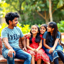 A lively scene featuring a 17-year-old Tamil boy with tall stature and cute hair, wearing a stylish Vijay T-shirt, sitting comfortably with three adorable girls