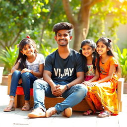 A lively scene featuring a 17-year-old Tamil boy with tall stature and cute hair, wearing a stylish Vijay T-shirt, sitting comfortably with three adorable girls