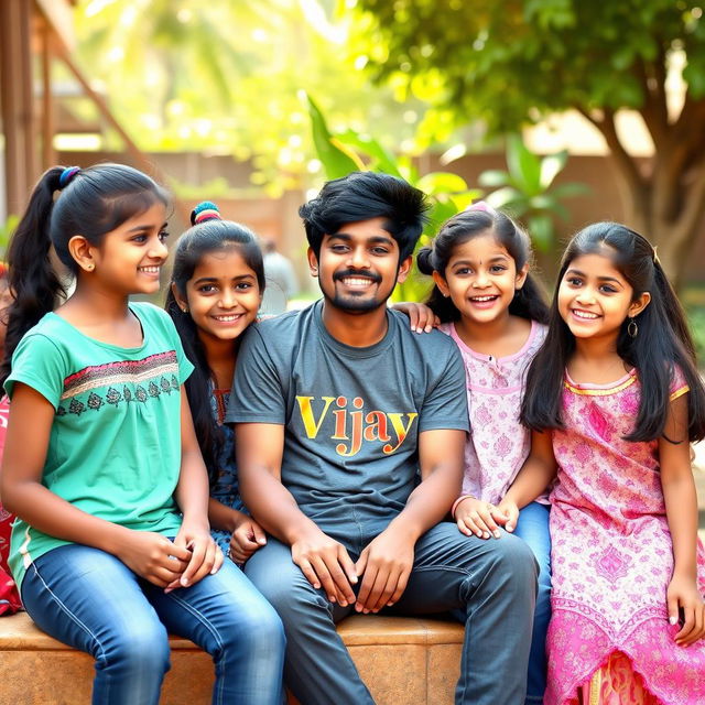 A lively scene featuring a 17-year-old Tamil boy with tall stature and cute hair, wearing a stylish Vijay T-shirt, sitting comfortably with three adorable girls