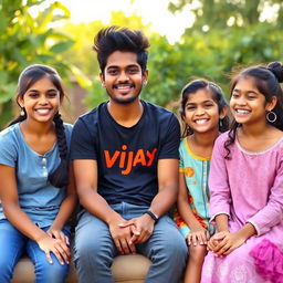 A lively scene featuring a 17-year-old Tamil boy with tall stature and cute hair, wearing a stylish Vijay T-shirt, sitting comfortably with three adorable girls
