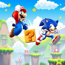 A vibrant and dynamic scene depicting a fierce competition between iconic video game characters Mario and Sonic