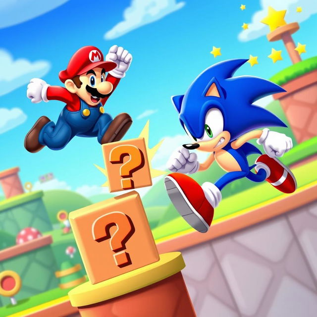 A vibrant and dynamic scene depicting a fierce competition between iconic video game characters Mario and Sonic