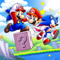 A vibrant and dynamic scene depicting a fierce competition between iconic video game characters Mario and Sonic