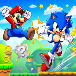 A vibrant and dynamic scene depicting a fierce competition between iconic video game characters Mario and Sonic