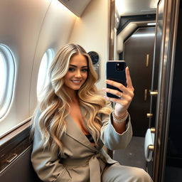 Clara, a stunning blonde model with long, wavy hair, sitting in a luxury airplane bathroom, dressed in a chic outfit and refined accessories
