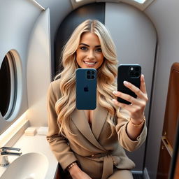 Clara, a stunning blonde model with long, wavy hair, sitting in a luxury airplane bathroom, dressed in a chic outfit and refined accessories