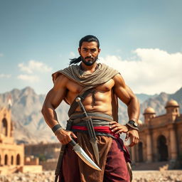 A powerful warrior representing Yemen, wearing traditional Yemeni attire, featuring a beautifully crafted jambiya (dagger) at his waist, standing proudly in a heroic pose