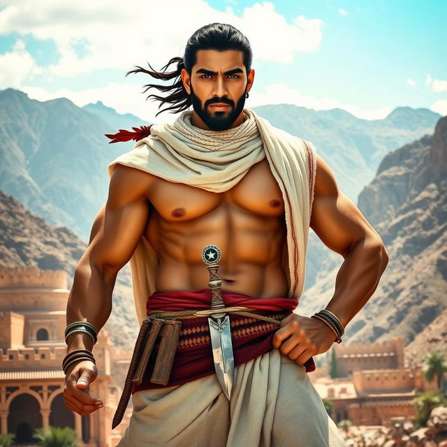 A powerful warrior representing Yemen, wearing traditional Yemeni attire, featuring a beautifully crafted jambiya (dagger) at his waist, standing proudly in a heroic pose