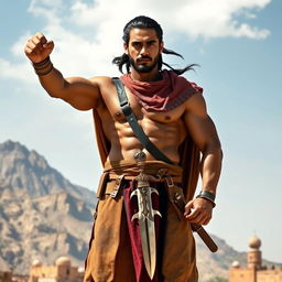 A powerful warrior representing Yemen, wearing traditional Yemeni attire, featuring a beautifully crafted jambiya (dagger) at his waist, standing proudly in a heroic pose