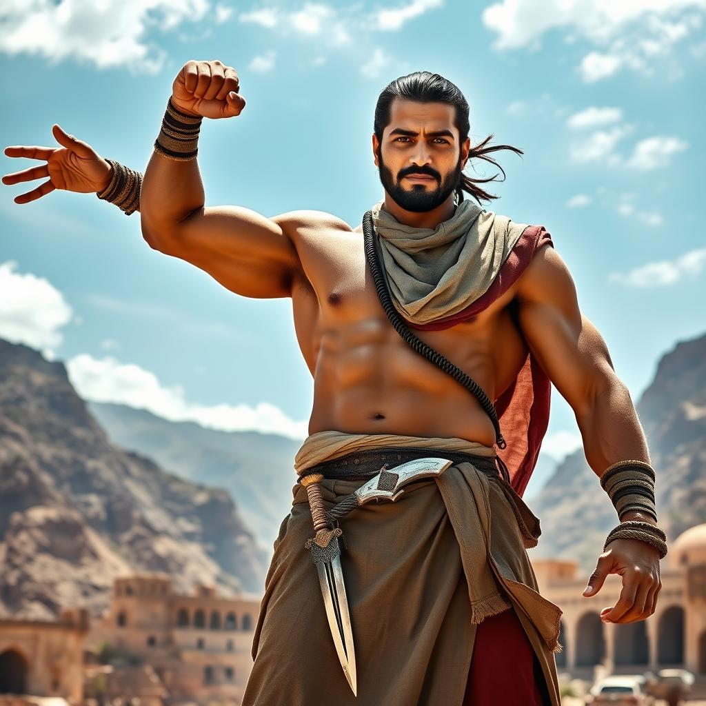 A powerful warrior representing Yemen, wearing traditional Yemeni attire, featuring a beautifully crafted jambiya (dagger) at his waist, standing proudly in a heroic pose