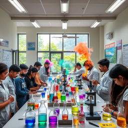 A vibrant chemistry lab situated in a Tamil Nadu college, filled with colorful glassware and laboratory apparatus