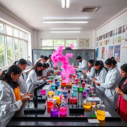 A vibrant chemistry lab situated in a Tamil Nadu college, filled with colorful glassware and laboratory apparatus