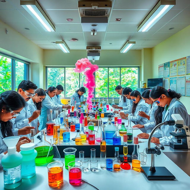 A vibrant chemistry lab situated in a Tamil Nadu college, filled with colorful glassware and laboratory apparatus