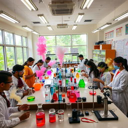 A vibrant chemistry lab situated in a Tamil Nadu college, filled with colorful glassware and laboratory apparatus